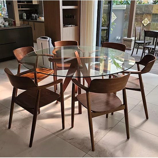 Jericho Glass top solid wood dining table 6 seater Sango Wood Co. Malaysia