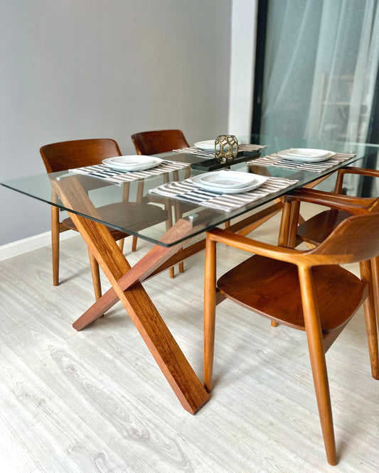 Robson Solid Nyatoh Wood Tempered Glass Top Dining Table Sango Wood Co. Malaysia